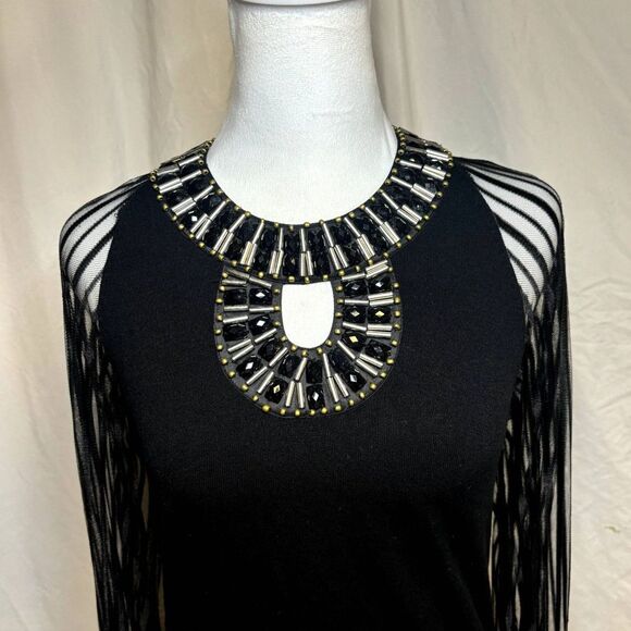 Belldini Jeweled Sheer Sleeve Pullover Blouse Womens Zip Linen Black Long Sleeve - Picture 3 of 8